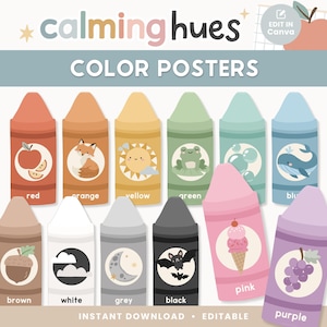 Può includere: Poster a colori con illustrazioni di pastelli. Ogni pastello è di un colore diverso, come rosso, arancione, giallo, verde, blu, marrone, bianco, grigio, nero, rosa e viola. Ogni pastello ha un'immagine corrispondente. Il testo "calming hues" e "COLOR POSTERS" sono in alto.