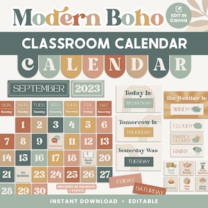 Classroom Calendar Display and Weather Station, Printable Modern Boho Classroom Decor, PDFs + Canva Editable Templates