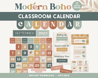 Classroom Calendar Display and Weather Station, Printable Modern Boho Classroom Decor, PDFs + Canva Editable Templates