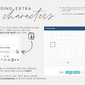 May include: A screenshot of a computer screen showing instructions on how to add extra characters to a text box using a character map. The instructions are written in black text on a white background. The character map is a grid of characters, with each character in a separate square. The instructions include selecting a text box, clicking on the character map button, choosing a character, clicking copy, and pasting the character into the text box using Ctrl/Command + V.