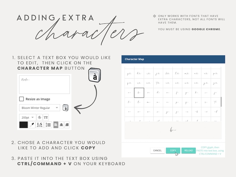 May include: A screenshot of a computer screen showing instructions on how to add extra characters to a text box using a character map. The instructions are written in black text on a white background. The character map is a grid of characters, with each character in a separate square. The instructions include selecting a text box, clicking on the character map button, choosing a character, clicking copy, and pasting the character into the text box using Ctrl/Command + V.
