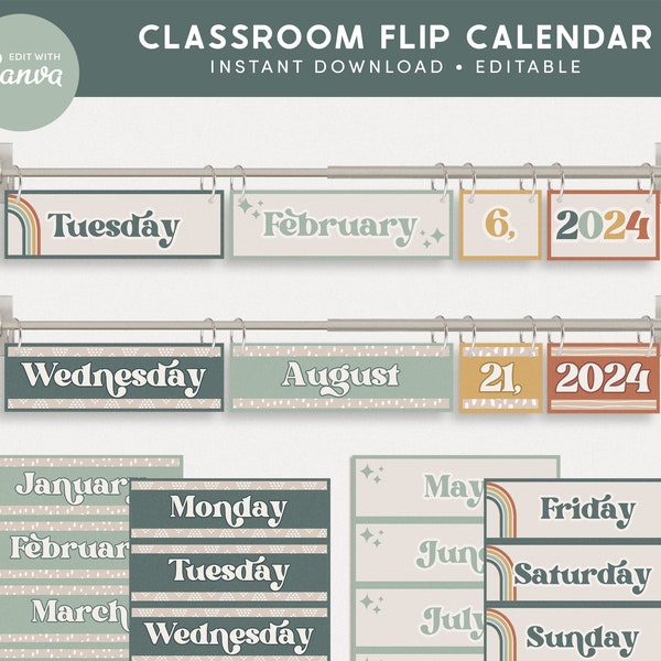 Classroom Flip Calendar Display, Modern Boho Classroom Decor, Editable Printable Classroom Management, PNGs, PDFs + Canva Editable Files