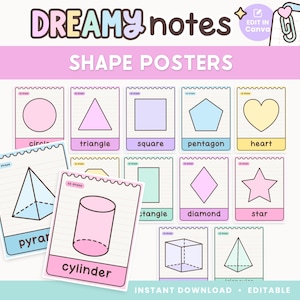 Może przedstawiać: Plakaty z kształtami z tekstem "DREAMY notes" i "SHAPE POSTERS". Plakaty przedstawiają kształty takie jak koła, trójkąty i kwadraty, każdy oznaczony swoją nazwą. Paleta kolorów obejmuje pastele, takie jak różowy, niebieski i żółty.