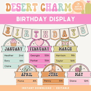 Klassenzimmer Geburtstag druckbare Display, bearbeitbar in Canva, helle Wüste Klassenzimmer Dekor, PDFs + Lehrervorlagen