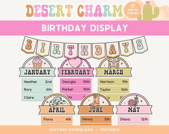 Classroom Birthday Printable Display, Editable in Canva, Bright Desert Classroom Management Decor, PDFs + Teacher Templates
