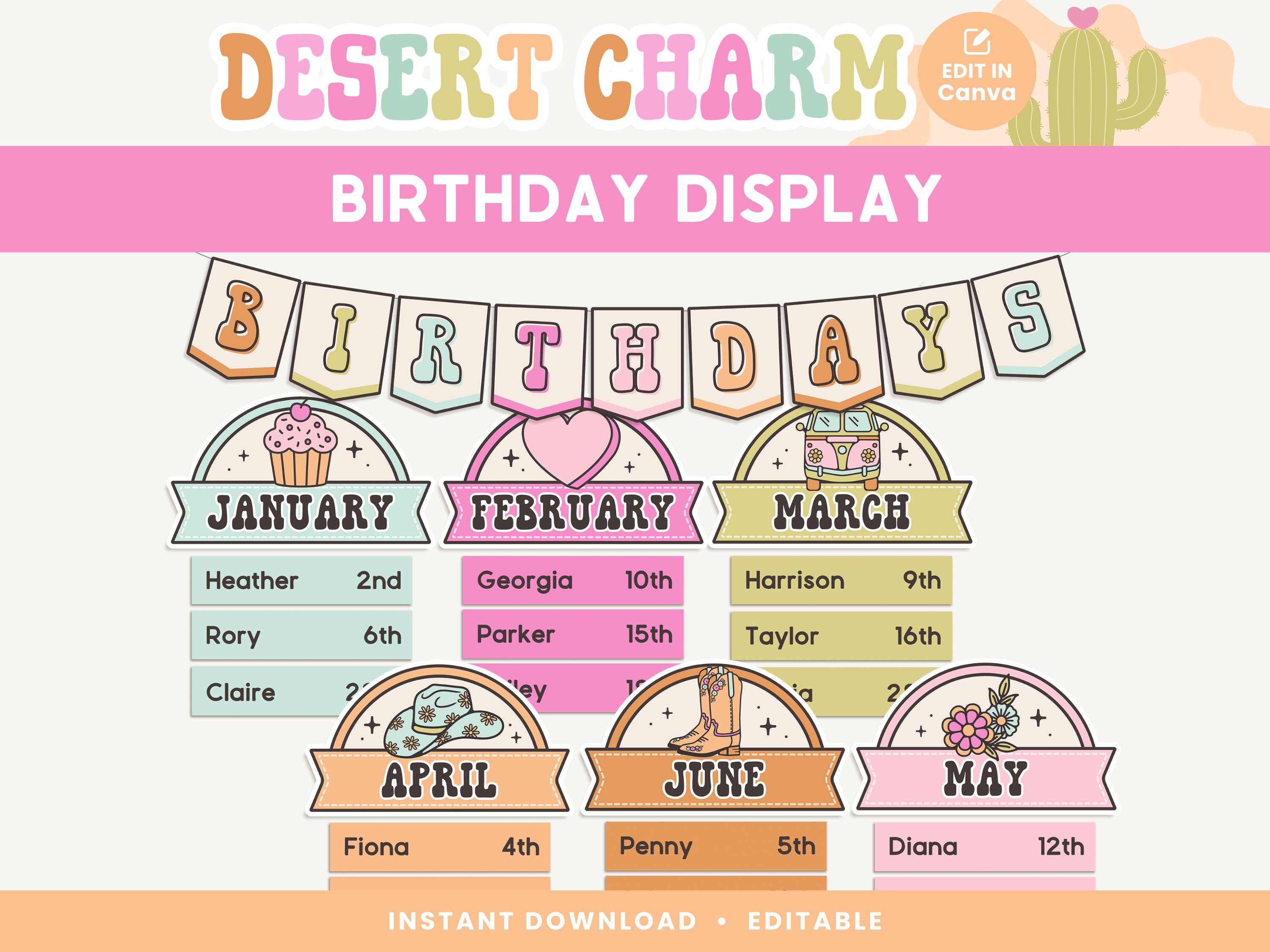 Classroom Birthday Printable Display, Editable in Canva, Bright Desert ...