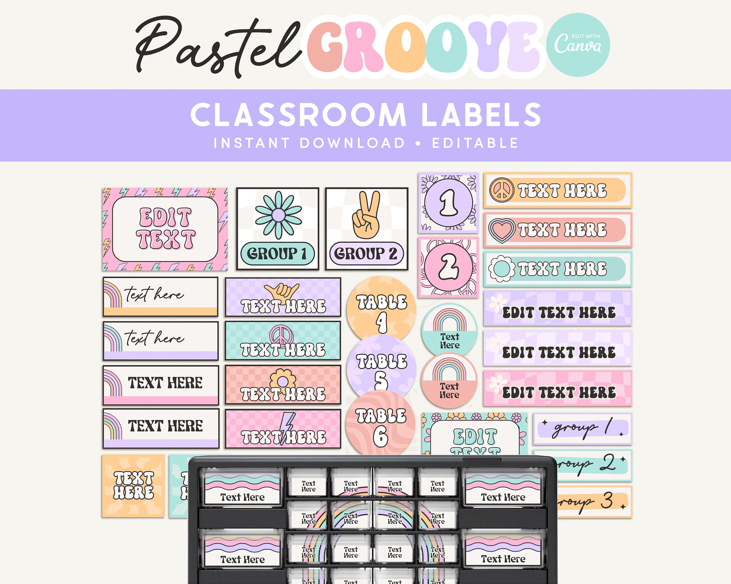Classroom Labels Editable Templates, Pastel Groovy Classroom Organization, Bin + Drawer Labels, Teacher Toolbox, Canva Templates