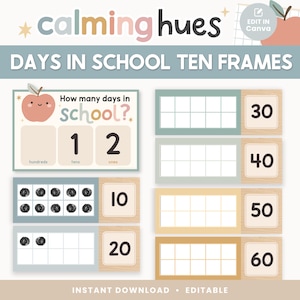 Può includere: Download digitale "Giorni a scuola dieci cornici" con il testo "calming hues". Il design include dieci cornici, numeri e una grafica a forma di mela. Vengono visualizzati i numeri 10, 20, 30, 40, 50 e 60.