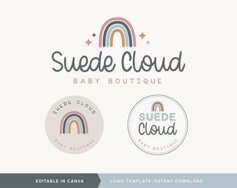 Può includere: Modello di logo per una boutique per bambini chiamata "Suede Cloud". Il logo presenta un arcobaleno stilizzato con colori rosa, blu e marrone. Il testo "Suede Cloud" è scritto in un font corsivo e le parole "Baby Boutique" sono scritte sotto il logo.