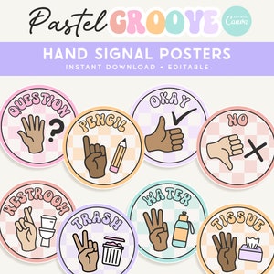 Classroom Hand Signals Poster Display, Editable in Canva, Pastel Groovy Classroom Management, Teacher Templates