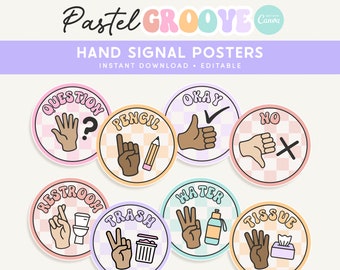 Classroom Hand Signals Poster Display, Editable in Canva, Pastel Groovy Classroom Management, Teacher Templates
