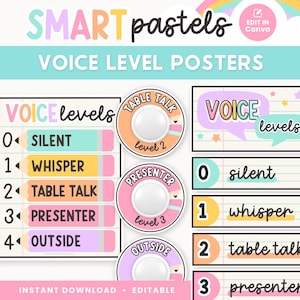 Puede incluir: Un conjunto de carteles imprimibles para el aula para los niveles de voz. Los carteles presentan un esquema de color pastel con un diseño de arcoíris. Los carteles incluyen los siguientes niveles de voz: 0 - Silencio, 1 - Susurro, 2 - Conversación en la mesa, 3 - Presentador, 4 - Exterior.