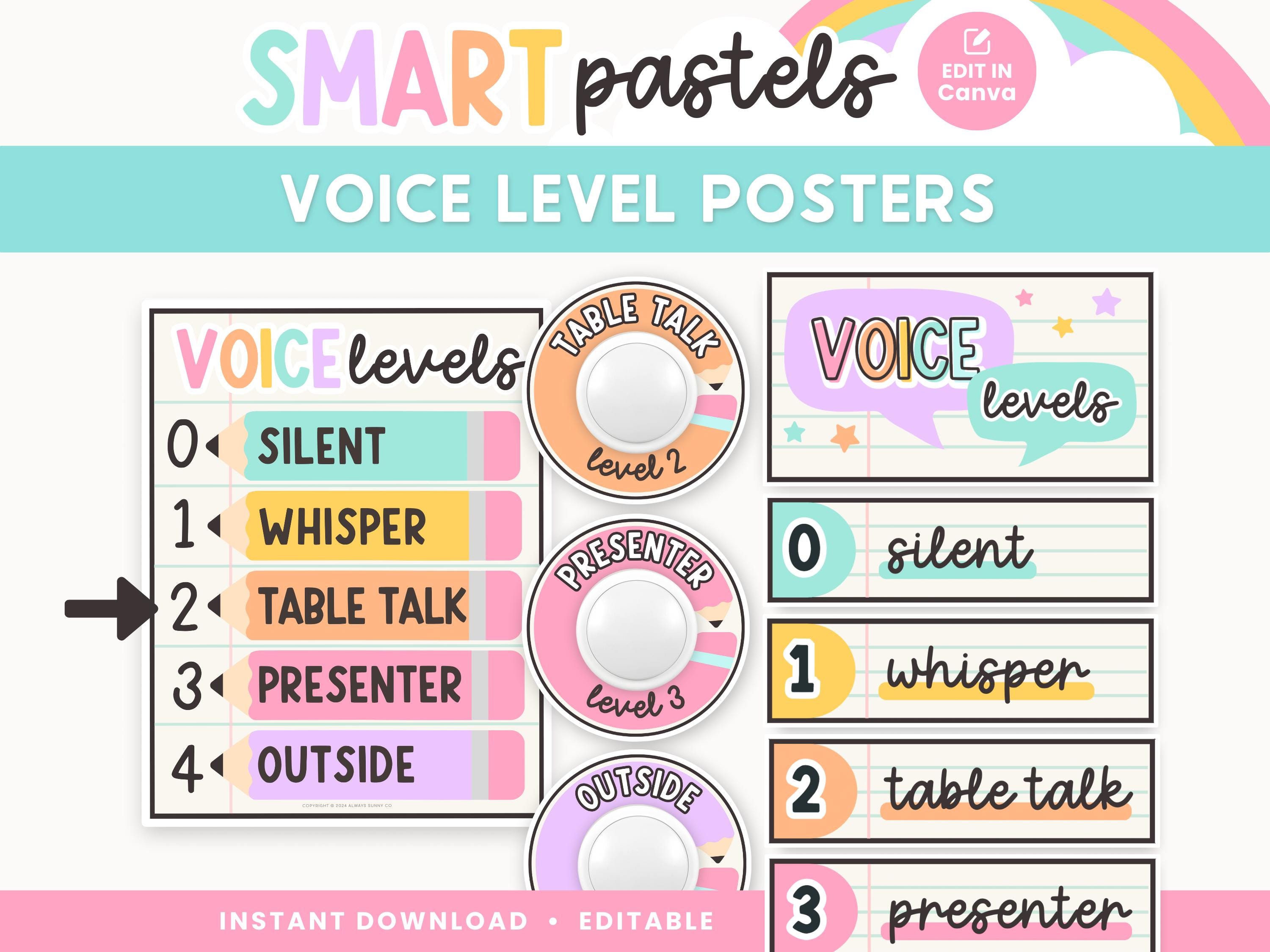 Voice Level Chart Classroom Printable Display, Editable in Canva, Pastel Rainbow Classroom Management Decor, INSTANT DOWNLOAD + Templates