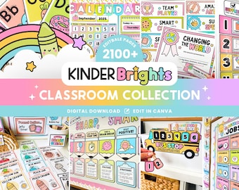 Editable Classroom Kinder Brights Printable Bundle, Canva Classroom Theme, Teacher Management Templates, Bright Organization Display
