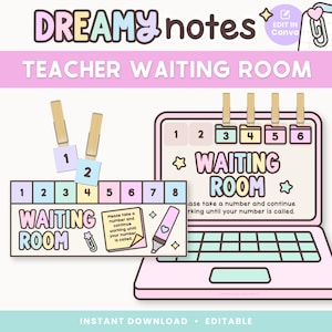 Teacher Waiting Room Printable Display, Editable in Canva, Cute Pastel Classroom Management Decor, PDFs + Teacher Templates