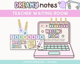 Teacher Waiting Room Printable Display, Editable in Canva, Cute Pastel Classroom Management Decor, PDFs + Teacher Templates