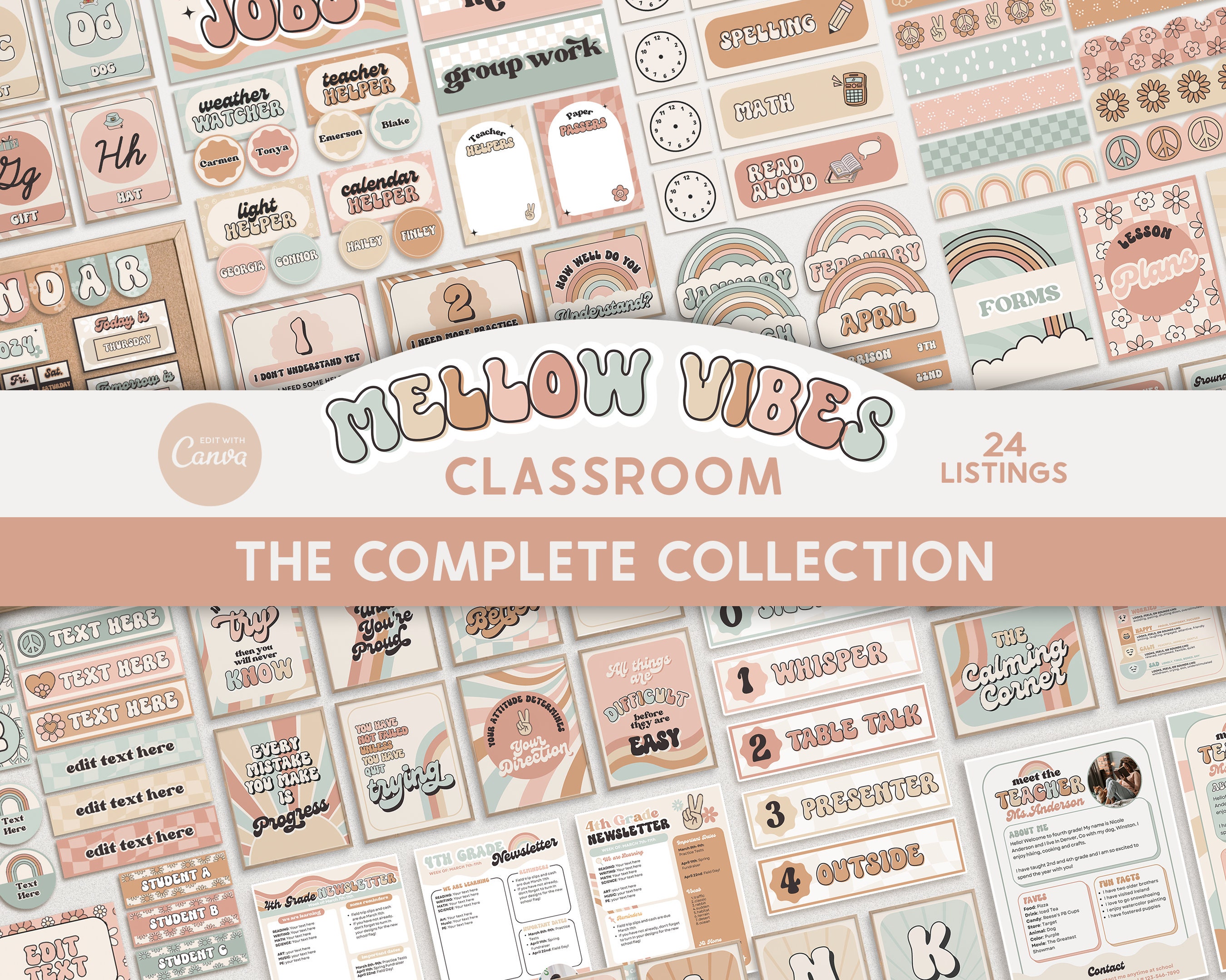 Editable Classroom Retro Pastel Complete Collection Printable Bundle, Canva Templates Classroom Management, Groovy Organization Display