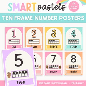 Pósteres editables para el aula con marcos del número diez, plantillas de conteo en colores pastel brillantes, decoración de aula con arcoíris en Canva (PDF + plantillas editables)