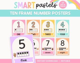 May include: Pastel-colored ten frame number posters. Each poster features a number from one to eight, with corresponding dots in a ten frame. The word for each number is written below. The top of the image reads "SMART pastels" and "TEN FRAME NUMBER POSTERS".