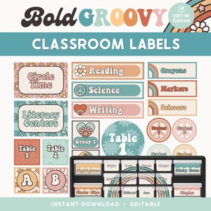 Classroom Labels Editable Templates, Groovy Retro Classroom Organization, Bin + Drawer Labels INSTANT DOWNLOAD, Canva Templates