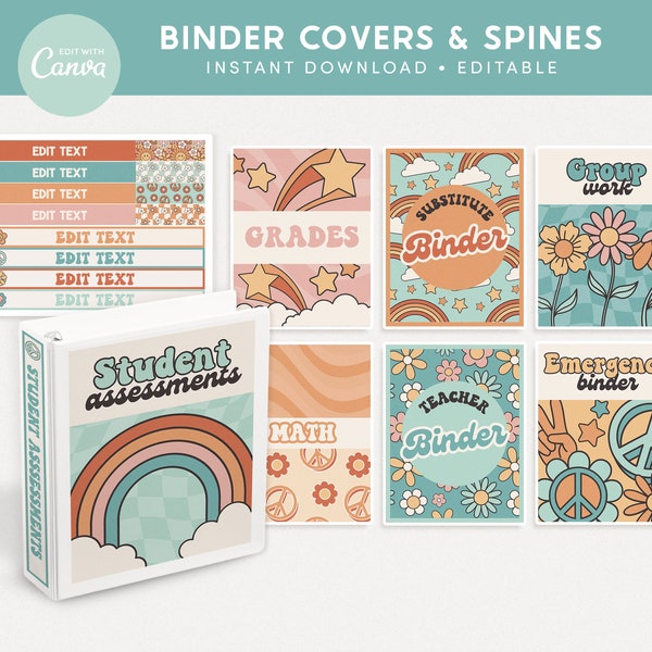 Classroom Binder Covers and Spines, Editable Groovy Retro Teacher Organization, PDFs + Canva Editable Templates