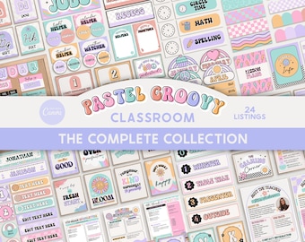 Aula editable Groovy Pastel Colección completa Paquete imprimible, Plantillas Canva Gestión del aula, Organización Exhibición del aula