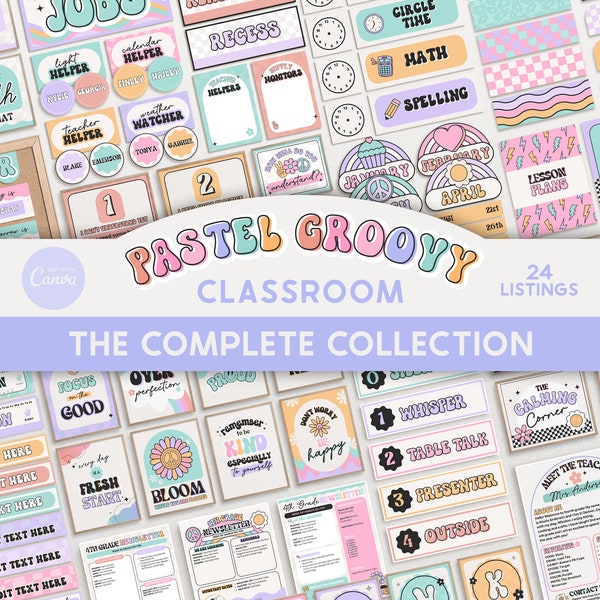 Editable Classroom Groovy Pastel Complete Collection Printable Bundle, Canva Templates Classroom Management, Organization Classroom Display