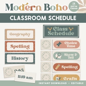 Klassenzimmer Stundenplan, bearbeitbare moderne Boho Canva Vorlage, Klassenzimmer-Planer zum Ausmalen, - SOFORTIGER DOWNLOAD Bearbeitbare Vorlage