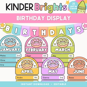 Könnte beinhalten: Eine farbenfrohe Geburtstagsanzeige mit Monatskarten im Donut-Design, die Namen und Daten enthalten. Das Design enthält den Text "BIRTHDAY DISPLAY" und "KINDER Brights". Die Anzeige ist editierbar und sofort zum Download verfügbar.