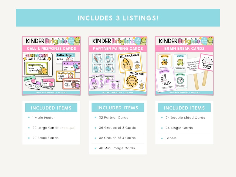 May include: Three colorful cards with the title "Kinder Brights" and different themes: "Call & Response Cards", "Partner Pairing Cards", and "Brain Break Cards". Each card includes a list of included items, such as posters, large cards, small cards, and mini image cards.