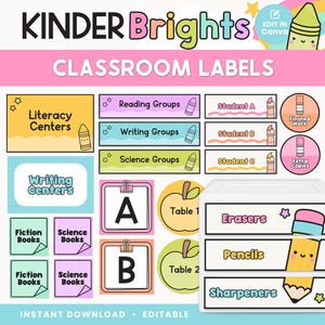 May include: A collection of colorful classroom labels with the text "KINDER Brights" and "CLASSROOM LABELS". Includes labels for reading, writing, and science groups, student names, and supply organization. Features a crayon and pencil theme.