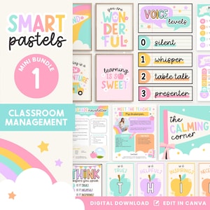 Pacote de gerenciamento de sala de aula editável para impressão, Bright Pastels Growth Mindset, níveis de voz, PNGs de canto calmante, PDFs, arquivos editáveis do Canva