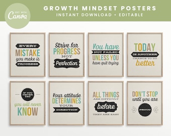 Editable Growth Mindset Classroom Printable Posters, Canva Classroom Quote Decor, INSTANT DOWNLOAD 8x10 Printables + Editable Templates