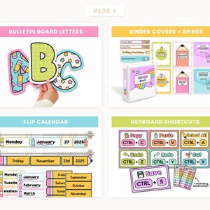 May include: A colorful page of school supplies and organizational tools. Includes bulletin board letters, binder covers, a flip calendar, and keyboard shortcut guides. The letters are decorated with pencils and stars. The binder covers have pencil and rainbow designs.