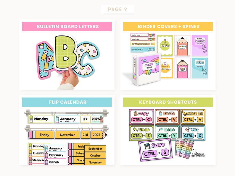 May include: A colorful page of school supplies and organizational tools. Includes bulletin board letters, binder covers, a flip calendar, and keyboard shortcut guides. The letters are decorated with pencils and stars. The binder covers have pencil and rainbow designs.