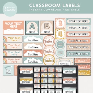 Classroom Labels Editable Templates, Pastel Rainbow Classroom Organization, Cute Bin + Drawer Labels, Teacher Toolbox, Canva Templates