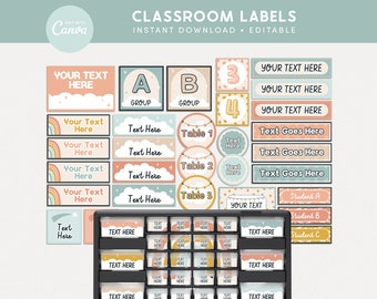 Classroom Labels Editable Templates, Pastel Rainbow Classroom Organization, Cute Bin + Drawer Labels, Teacher Toolbox, Canva Templates