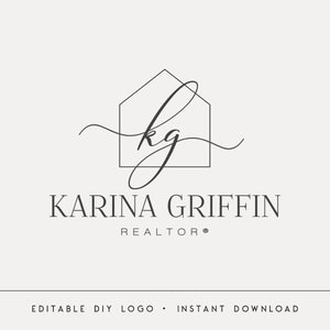 May include: Black and white logo design for a real estate agent named Karina Griffin. The logo features a stylised house with the initials "KG" inside. The text "REALTOR®" is below the logo.