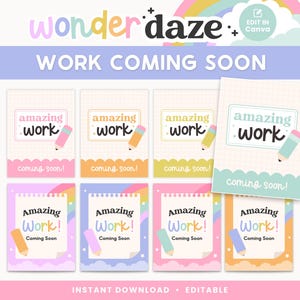 Pode incluir: Uma coleção de oito cartões digitais imprimíveis com o texto "amazing work" e "coming soon!" em várias cores pastel. Cada cartão inclui uma pequena ilustração de lápis e um design de fundo de grade ou bloco de notas.
