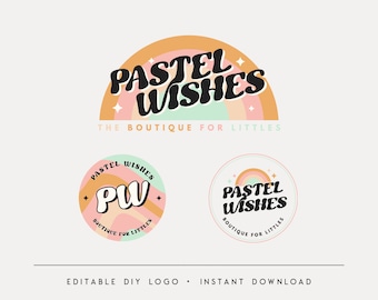 Può includere: Un design di logo per un negozio chiamato "Pastel Wishes: The Boutique for Littles". Il logo presenta un arcobaleno con stelle e il testo "Pastel Wishes" in un font retrò. Ci sono anche due varianti del logo, una con un cerchio e il testo "PW" e un'altra con un cerchio e il nome completo "Pastel Wishes".
