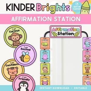 Classroom Affirmation Station Display, Bright Pastel Classroom Decor, Rainbow Editable Printable Classroom Management, Canva Templates