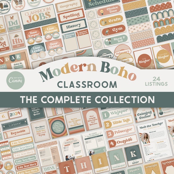 Salle de classe modifiable Modern Boho Complete Collection Printable Bundle, Modèles Canva, Gestion de classe, Organisation, Affichages en classe