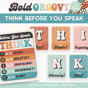 Think Before You Speak Editable Classroom Posters, Printable Canva Groovy Classroom Decor, PDFs + Templates
