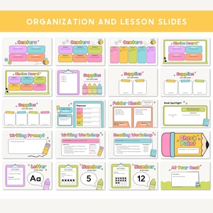 May include: A collection of colorful lesson slides with titles like "Centers," "Choice Board," and "Supplies." The slides feature illustrations of crayons, bees, and pencils, with text such as "Writing Prompt" and "Check Point."