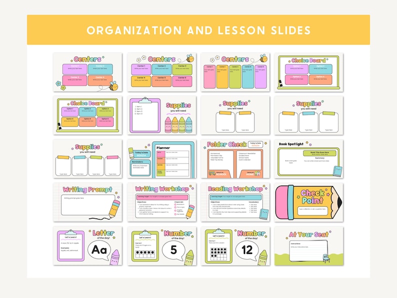 May include: A collection of colorful lesson slides with titles like "Centers," "Choice Board," and "Supplies." The slides feature illustrations of crayons, bees, and pencils, with text such as "Writing Prompt" and "Check Point."