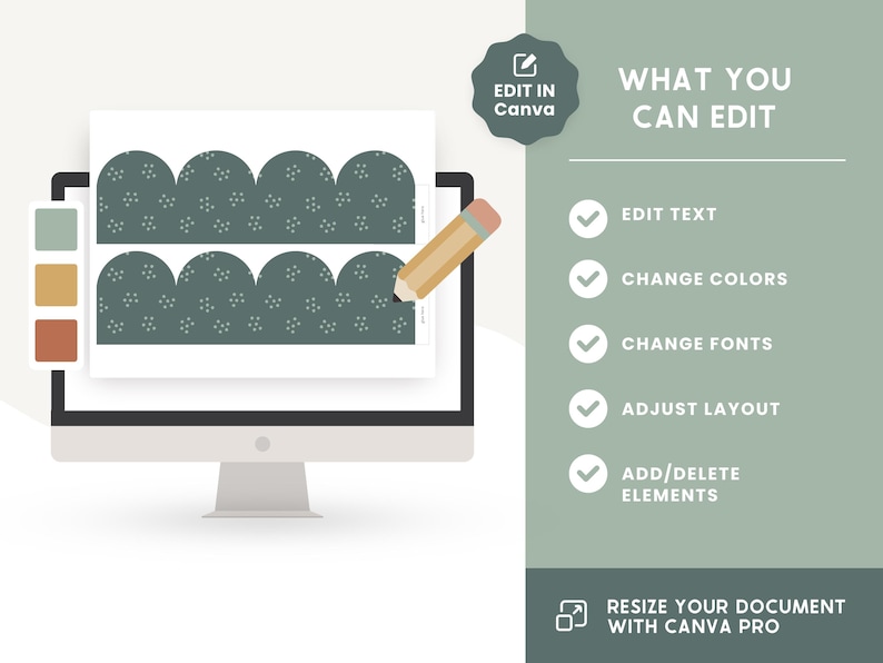 May include: A computer screen displaying a design template with a green and white pattern. The text "EDIT IN Canva" is visible in a white box with a pencil icon. A list of editable features is shown on the right side of the screen, including "EDIT TEXT", "CHANGE COLORS", "CHANGE FONTS", "ADJUST LAYOUT", and "ADD/DELETE ELEMENTS".