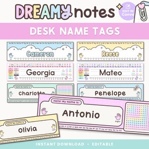 Może przedstawiać: Zestaw edytowalnych etykiet na biurko w pastelowych kolorach. Etykiety zawierają imiona takie jak Cameron, Reese, Georgia i inne. Każda etykieta zawiera sekcję z imieniem, linijkę i grafikę dłoni. Projekt zawiera tekst "Dreamy Notes" i "Desk Name Tags".