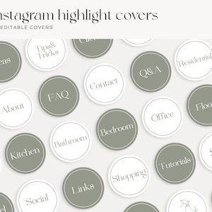 Puede incluir: Un conjunto de 35 cubiertas de destacados de Instagram editables con un dise&ntilde;o minimalista. Las cubiertas son blancas con un contorno verde y presentan varias etiquetas de texto como "Ideas", "Consejos y trucos", "Acerca de", "Preguntas frecuentes", "Contacto", "Preguntas y respuestas", "Residencial", "Cocina", "Ba&ntilde;o", "Dormitorio", "Oficina", "Pisos", "Social", "Compras", "Enlaces", "Tutoriales" y "Venta".