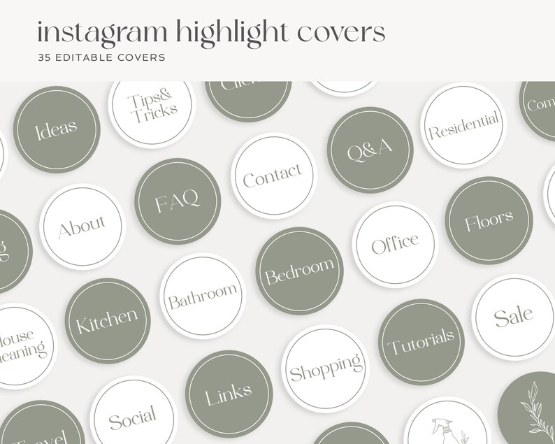 Puede incluir: Un conjunto de 35 cubiertas de destacados de Instagram editables con un dise&ntilde;o minimalista. Las cubiertas son blancas con un contorno verde y presentan varias etiquetas de texto como "Ideas", "Consejos y trucos", "Acerca de", "Preguntas frecuentes", "Contacto", "Preguntas y respuestas", "Residencial", "Cocina", "Ba&ntilde;o", "Dormitorio", "Oficina", "Pisos", "Social", "Compras", "Enlaces", "Tutoriales" y "Venta".