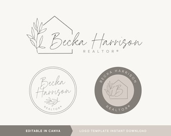 Editable Logo Template, DIY Real Estate Design, Elegant Leaf Realtor Branding, Minimalist House Logo, Instant Download